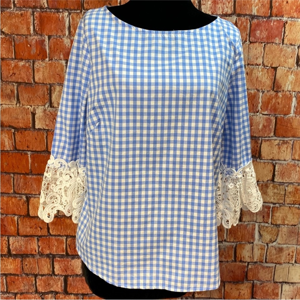 Liz Claiborne Lace‎ Trimmed Blue Gingham Top